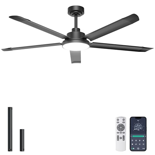 Ohniyou 60 Inch Ceiling Fan with Light, Industrial Ceiling Fans with Remote Control/App, 5 Blades Aluminium, Silent DC Motor, Outdoor Terrace Fan Garage, Black
