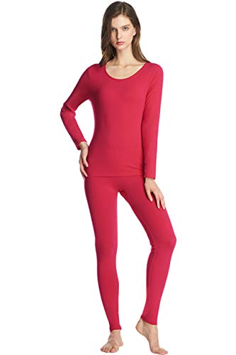 SANQIANG Women's Exposed Waistband Thermal Underwear Set Cotton Long Johns Set Base Layer Tagless Top & Bottom(US Size M (Tag Reads XL),Red)
