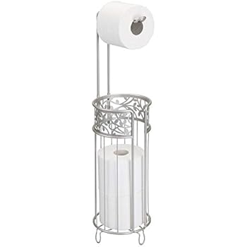 mDesign Metal Freestanding Toilet Paper Roll Holder Stand and Dispenser with Storage for 3 Rolls of Reserve Toilet Tissue - for Bathroom Storage Organizing - Holds Mega Rolls, Floral Pattern - Satin