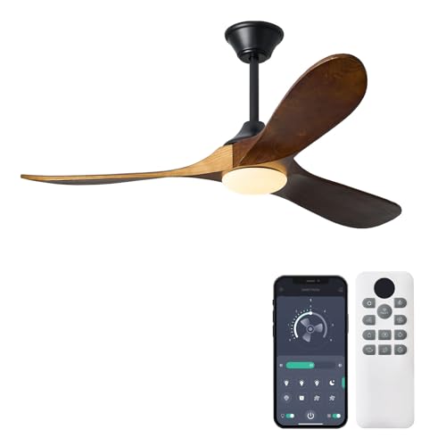 KUNYWOOE 52“ Ceiling Fan with Lights and Remote, App Control, 3 Solid Wood Fan Blades, Dimmable LED, 6 Fan Speeds Reversible for Bedrooms, Living Room, Outdoor Ceiling Fan for Patios (Walnut)