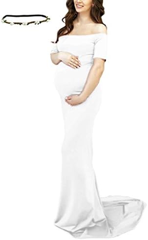 ZEROING Fitted Maternity Gown for Photography, Baby Shower Dress with Short Sleeves and Mermaid Bottom Train for Pregnant Woman (XL, White)