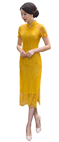 Angcoco Women's Yellow Double Layered Lace Cheongsam Wedding Bride Dress