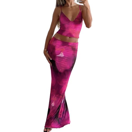 fdsmall Ensemble 2 pièces maxi jupe florale à volants longue jupe à lacets dos nu débardeur Y2k été sortie tenues de plage, couleur, S
