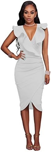 V Neck Ruffle Plain Bodycon Sleeveless Midi Tight Wrap Women's Party Dress Woman Dress