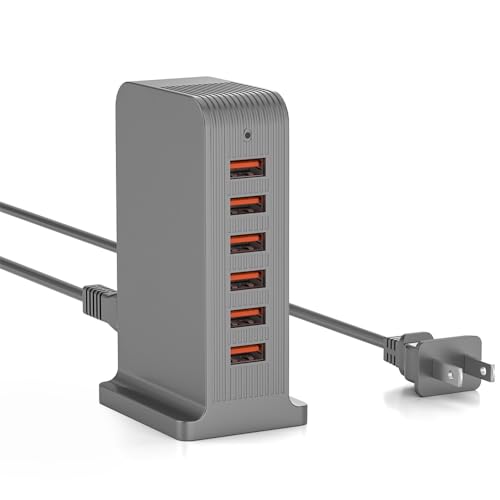 VPSUN USB Charger 6 Port 50W Multi USB Tower Charging Station for Multiple Devices iPhone 15/14/14 Pro/14 Pro Max/13 Pro/13 Pro Max/Android/Samsung/Tablet,etc (Gray, 50W)