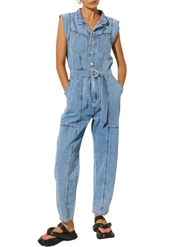 YOUSIFY BLUE WOMENS JUMPSUIT DENIM ROMPER SUMMER SLEEVELESS JUMPSUITS 2024 JEANS LONG PANTS WITH BELT