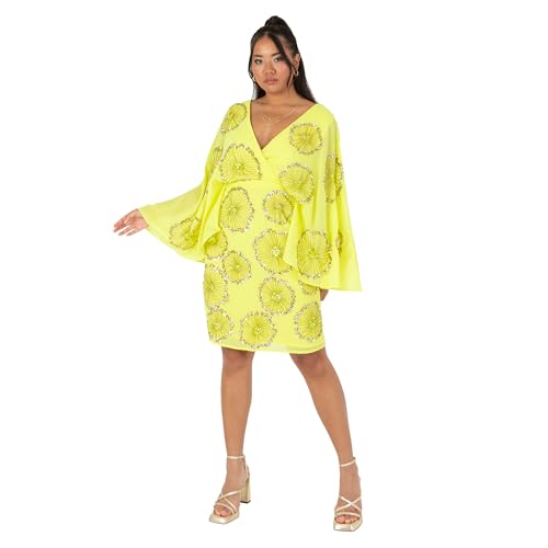 Maya Deluxe Women's Ladies Midi Dress Cape Sleeve Plunge V-Neck Knee-Length Floral Embellished A-Line for Wedding Guest Occasion Vestito, Verde Lime, 44 Donna