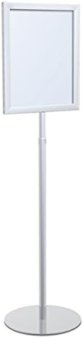 8.5" X 11" Vertical Insert Trendrite Series Pedestal Sign Stand with Open Mitered Frame, Adjustable Telescoping Pole and Elegant Round Base, Silver