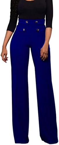 Women's 50's Vintage Sailor High Waist Double Buttoned Wide Leg Bell Flare Pants Slacks Fashion Work Trousers (XL, Blue)