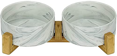 Bowls for Dogs and Cats Ceramic Bowls Raised with Bamboo Holders Ceramic Raised Bowls with Wooden Holders (DOUBLE 13.5 CM, WHITE MARLE)