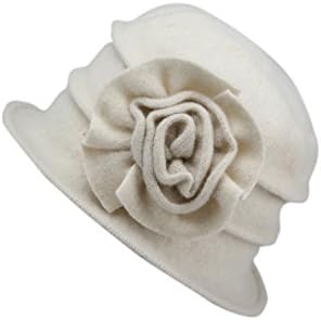 Women's Winter Vintage Flower Wool Cloche Bucket Slouch Hat Whiter