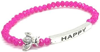 Bumble Bee Happy Inspirational Quote Bracelet Bead Charm Stacking Stretch Fuchsia Pink