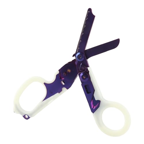 Herramientas de Tijeras de Rescate para Acampar, corte de trauma plegable con interruptor de vidrio de acero inoxidable Manija luminosa de trauma plegable para al aire libre (Púrpura)