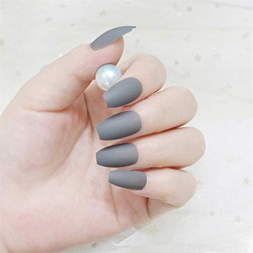 24pcs Pure Color Coffin Nails Matte False Gel Nails Art Tips Sets Full Cover Medium False Nails for Ballerina Cosplay Office Lady (Gray)