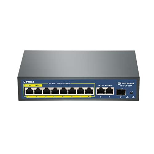 Davuaz Gigabit PoE Switch with 8 POE+ Port, 2 Gigabit Uplink Port and 1 SFP Port, IEEE802.3af/at Compliant, Up to 120W, Metal Design, Unmanaged Power Over Ethernet Switch, Plug and Play Network Switch