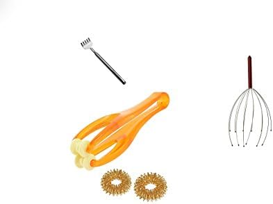 Premium Therapeutic Massage Set By Hungry Bear - Massage Accessory Bundle - Hand massager, Scalp Massager(color may vary), and Acupressure Ring with bonus Back Scratcher