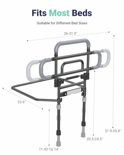 Bed Rails for Elderly Adults Safety, 180° Foldable Bed Rail with Adjustable Height & Width, 350lb Load, Extra-High Design, Wide Base, LED Light & Storage Pockets – Fits King/Queen/Full/Twin Beds