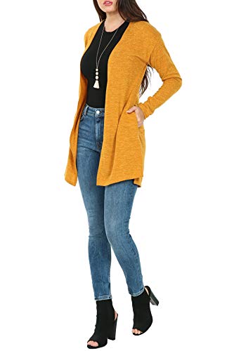 P1125 Womens Soft Open Front Long Sleeve Pockets Sweater Cardigan Mustard XL