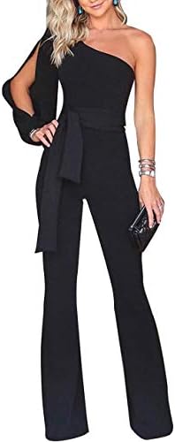 Women's Elegant Off One Shoulder Slit Long Sleeve Flare Pants High Waist Jumpsuit with Belt