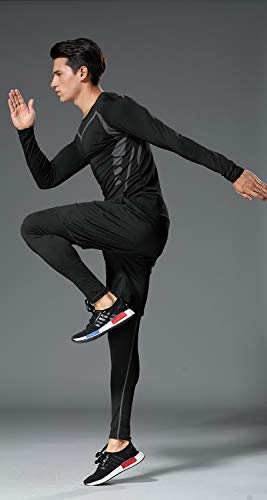 5PCS /Men Workout Outfit Set Gym Running Fitness Sportswear Kit Compression Pants Shirt Top Long Sleeve Jacket Set Black Gray - Thumbnail 2