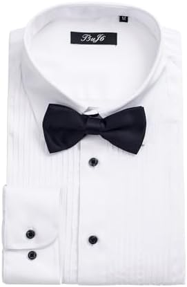 Amazon.com: Men's White Wing Tip Tuxedo Dress Shirt with Pleated Front –  Convertible French Cuffs + Black Bow Tie