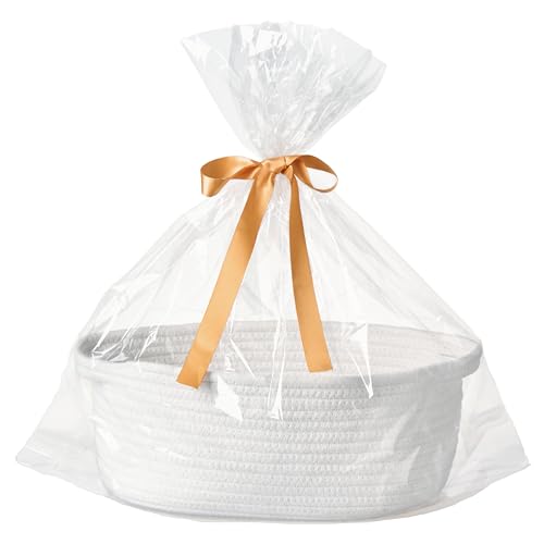 Kodomoore Woven Woven Basket with Gift Bags and Ribbons, Empty Baby Gift Baskets for Kids Women Men, Nursery Storage, Dog Pet Toy Organiser, 30x20x12 cm - Small, Natural White