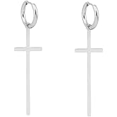Minimalist Long Cross Dangle Drop Earrings for Men Women Stainless Steel Hypoallergenic Punk Personalized Simple Dangling Hanging Huggie Small Hoop Lightweight Piercing Fashion Jewelry Gifts