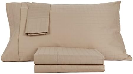 Perthshire Platinum Collection 440 Thread Count Egyptian Cotton 4-Piece Damask 1-Inch Window Pane Sheet Set, Queen, Taupe