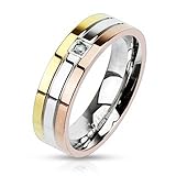 STR-0017 6mm Stainless Steel Triple Tone IP Grooved Single CZ Center Band Ring; Comes With Free Gift Box