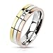 STR-0017 6mm Stainless Steel Triple Tone IP Grooved Single CZ Center Band Ring(13)
