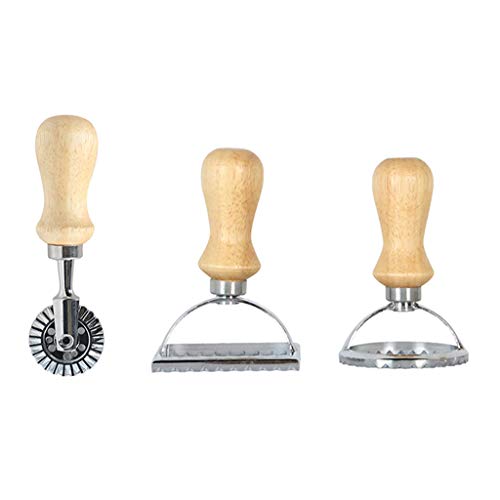 Aeanm Ravioli Stamp Set, Dough Cutter and Pasta Press Stamps with Wooden Handle -for Ravioli, Pasta, Dumplings Lasagna, Pierogi (3-Set,Round & Square & Roller Cutting)
