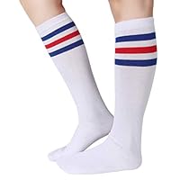 Pareberry Unisex Triple Stripes Soft Cotton Knee High Tube Socks (Blue/Red/White)