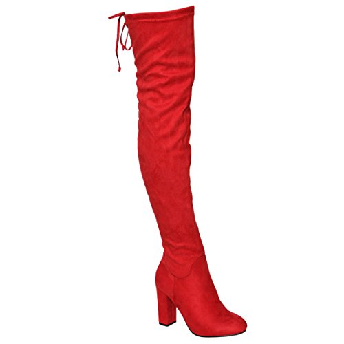 Beston DE01 Women's Block Heel Drawstring Over The Knee Thigh High Stretchy Boot, Color:RED, Size:10