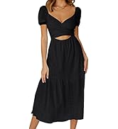 MIHOLL Womens V Neck Tie Back Midi Dress Hollow A-Line Flowy Sexy Short Sleeve Dress