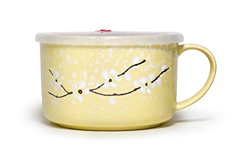 Microwavable Ceramic Noodle Bowl with Handle and Seal Fine Porcelain (LemonYellow)