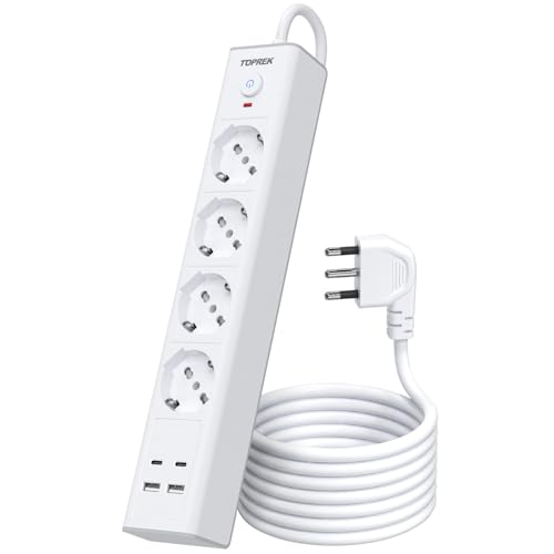 TOPREK Electrical Power Strip with 4 Universal Sockets ITA 10/16A and Schuko and 2 USB C and 2 USB A, 2 Metres 90° Elbow Plug, 4000W/16A, Multi Socket with Switch (Equipped with 2 Plastic Ties)