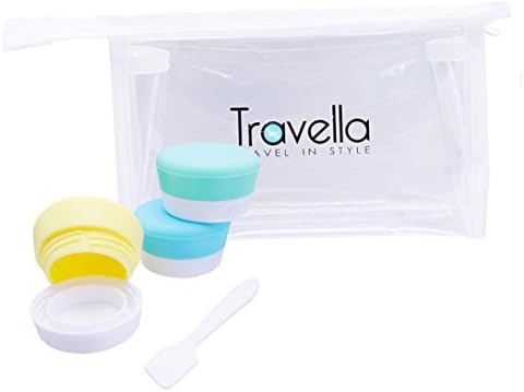 Silicone Travel Containers with Sealed Lids Set of 3 TSA Approved Travel Jars for Creams, Make Up and Lotions Spatula and Cosmetics Bag Included- Perfect Travel Size Containers