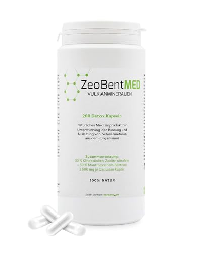 ZeoBent MED 200 Detox-Kapseln, Medizinprodukt, hochdosiert, hochwirksam ultrafein 9µm, Apothekenqualität, Entgiftung von Schwermetallen, 100% Zeolith-
