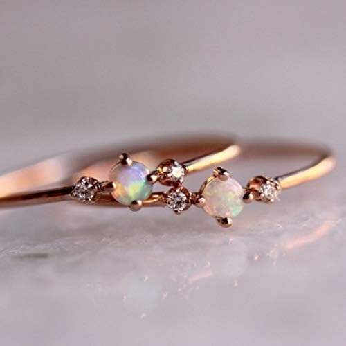 wangxiyan Solid 14K Rose Gold Ring Round White Fire Opal White Sapphire Diamond Jewelry Birthday Promise Proposal Gift Engagement Wedding Rings for Women(Multi-Color,9)