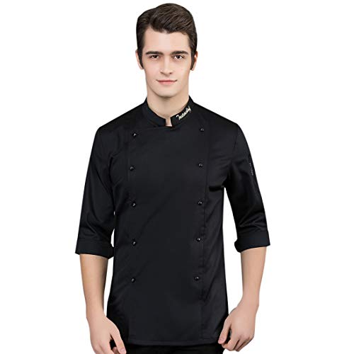 Jiyaru Unisex Button Chef Coat Short Sleeve Jacket Stand-up Collar Restaurant Kitchen Cooking