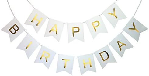 White Happy Birthday Bunting Banner with Shimmering Gold Letters - Birthday Decorations