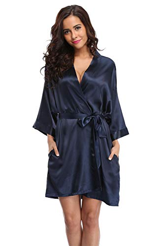 Vogue Bridal Women's Satin Rhinestone Short Wedding Kimono Robe for Maid of Honor, Navy L