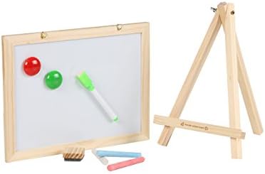 Double Sided Wooden Drawing Adjustable Dry Erase and Chalkboard for Kids | Set Includes Chalk, Magnetic Markers, and Erasers | Chalkboard Stand Showcases Children's Art