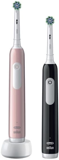 Escova de dentes elétrica oral-b pro series 1, pacote duplo, 2 cabeças de escova, 3 modos de escovação e sensor de pressão para atendimento odontológico, projetada por marrom/rosa/preto