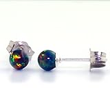 Aurora: 4mm Black Created Opal Ball Stud Post Earrings, Solid 925 Sterling Silver