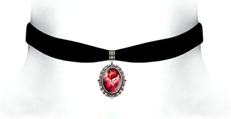 Victorian Vault Black Velvet Flower Choker Steampunk Gothic Pendant Necklace (Red)
