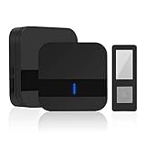 Solar Wireless Doorbell, Hinpia Premium Waterproof Door Bell Kit with 2 Plugin Receivers and 1 Remote Button, Operating at 1000 feet Range with 52 Chimes, No Batteries Required (Black)