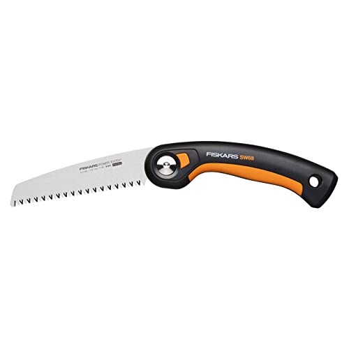 Fiskars Plus folding saw, For thick trunks and branches, 3 cutting positions, Sharp Power Tooth blade, Coarse toothing, Blade length: 15 cm, Black/Orange, SW68, 1067552