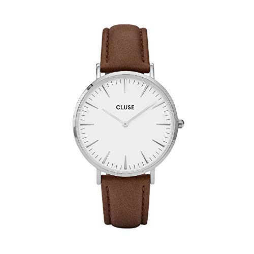 CLUSE La BohÃ¨me Silver White Brown CL18210 Women's Watch 38mm Leather Band Minimalistic Design Casual Dress Japanese Quartz Elegant Timepiece