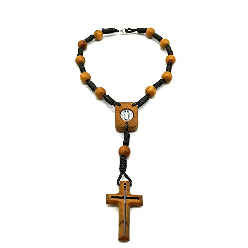 MedjugorjeStoneGifts One Decade Saint St Benedict Car Rosary, Olive Wood Prayer Beads, Rear View Mirror Charm